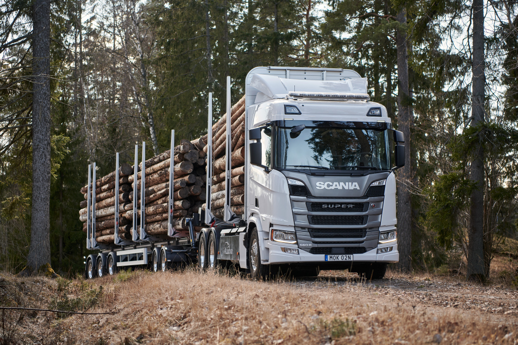 Scania truck in the woods loaded with logs