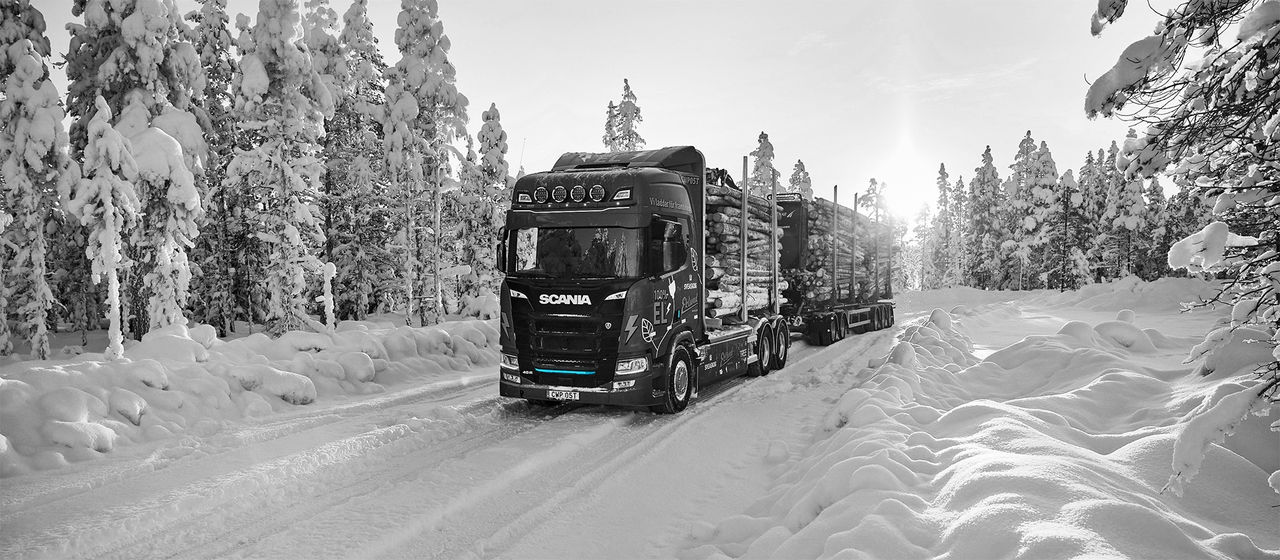 An electric Scania timber truck
