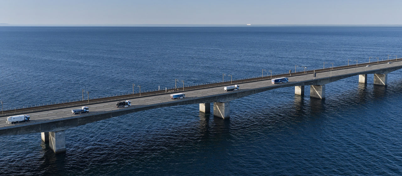Scania electric trucks roadshow all trucks on bridge
