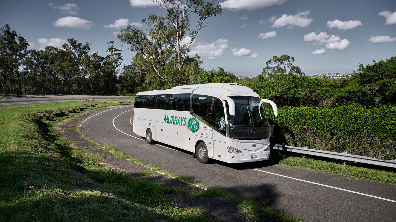 Murrays Coaches Scania biodiesel coach travelling along a winding rural road in Australia.
